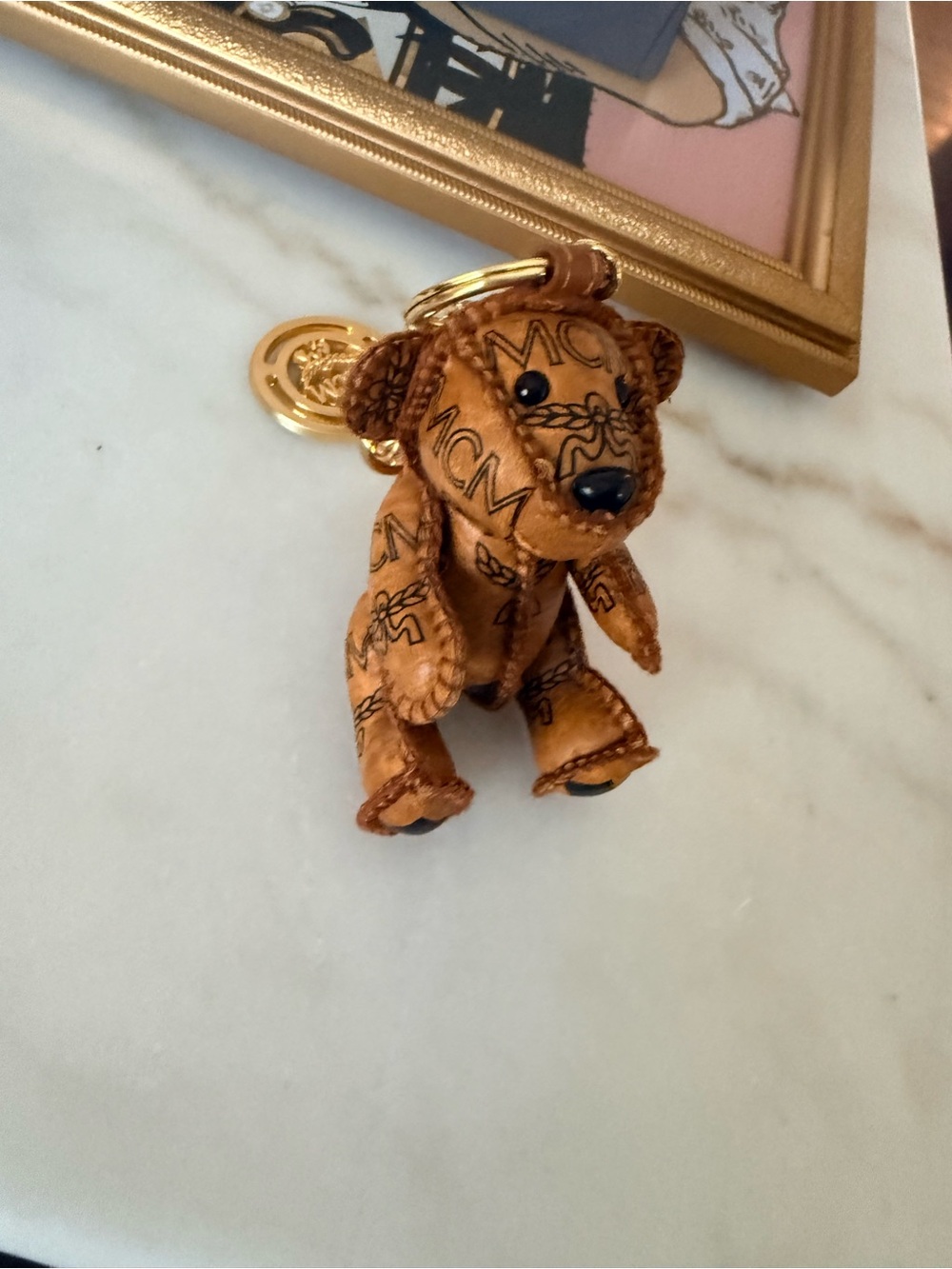 MCM Cognac Visetos Puppy Key Charm with Gold-Tone Logo Ring - Picture 2 of 5